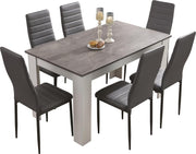 Grey Marble Dining Table Set with 6 PU Leather Chairs, Modern Kitchen