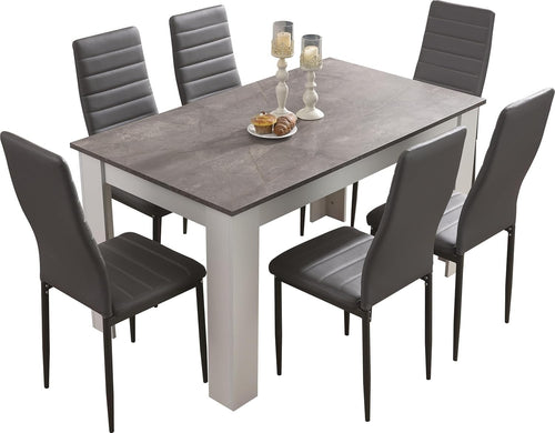 Grey Marble Dining Table Set with 6 PU Leather Chairs, Modern Kitchen