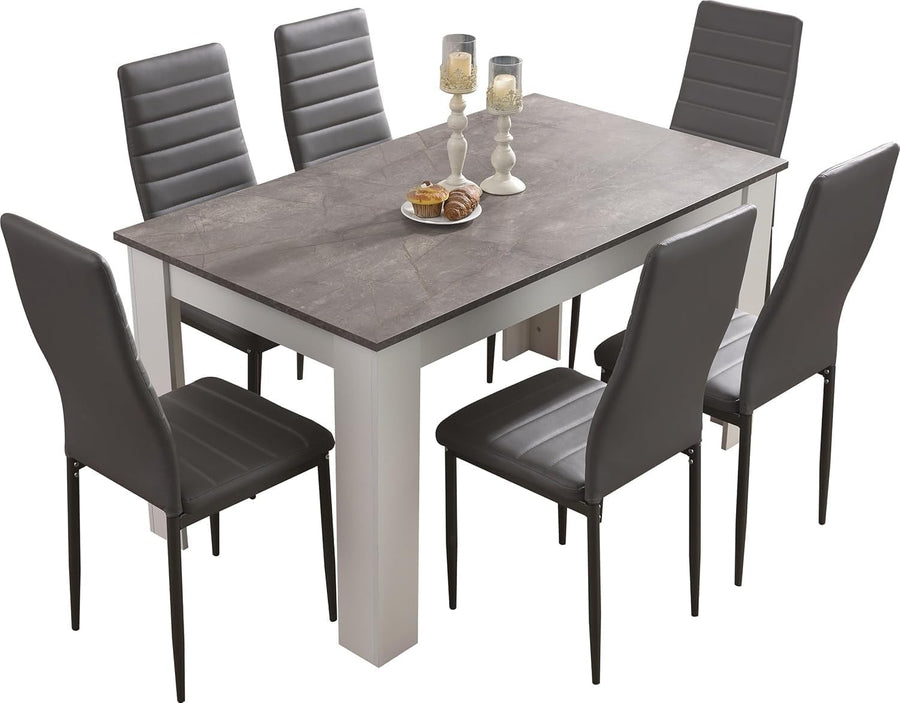 Grey Marble Dining Table Set with 6 PU Leather Chairs, Modern Kitchen