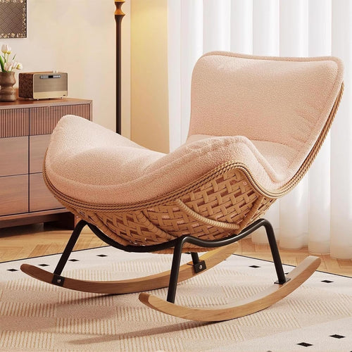 Handmade Rattan Rocking Chair with Plush Teddy Upholstery & Sturdy Frame