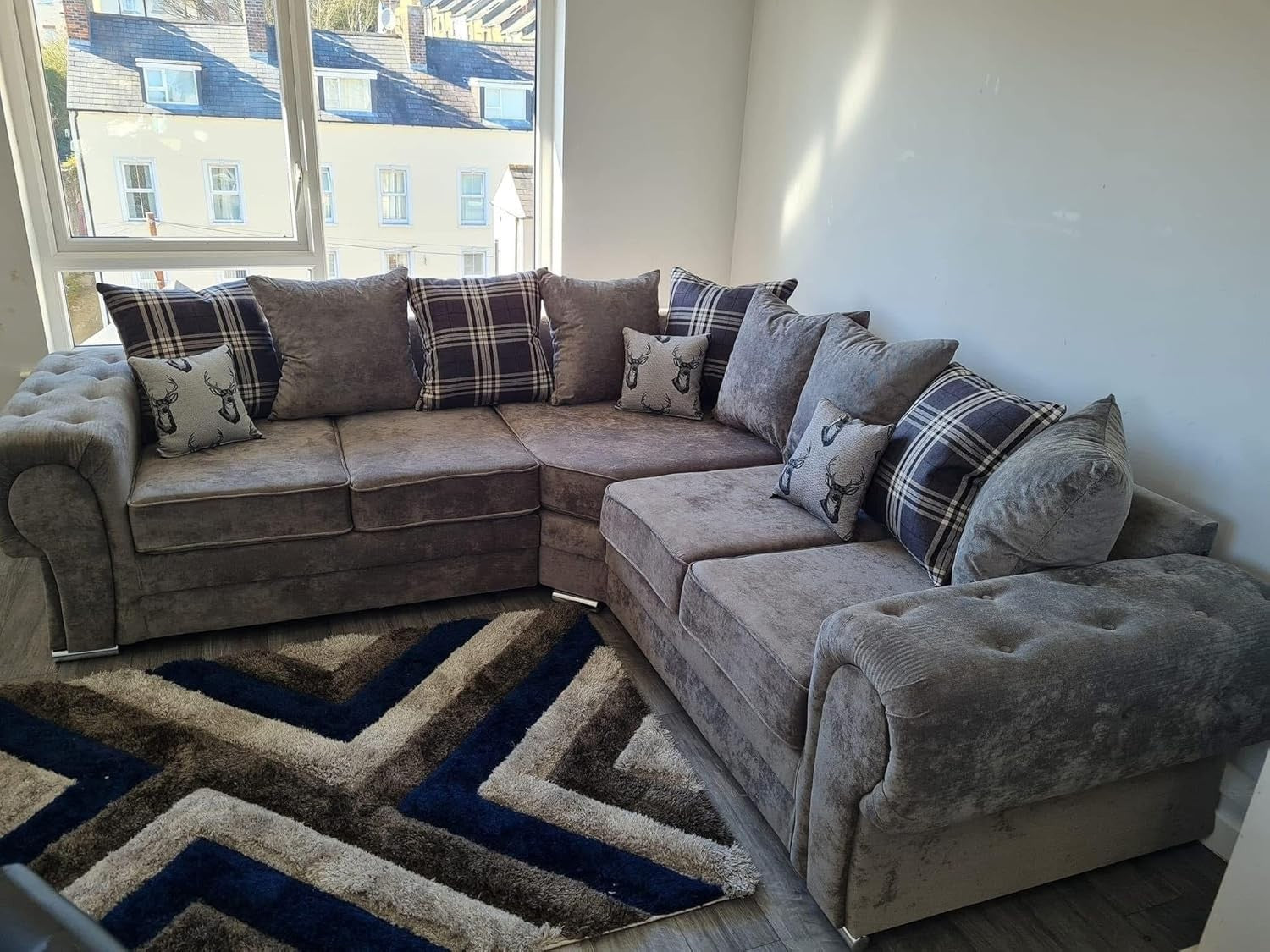 5 Seater Grey Chesterfield Corner Sofa | 240x240cm L Shape Scatterback