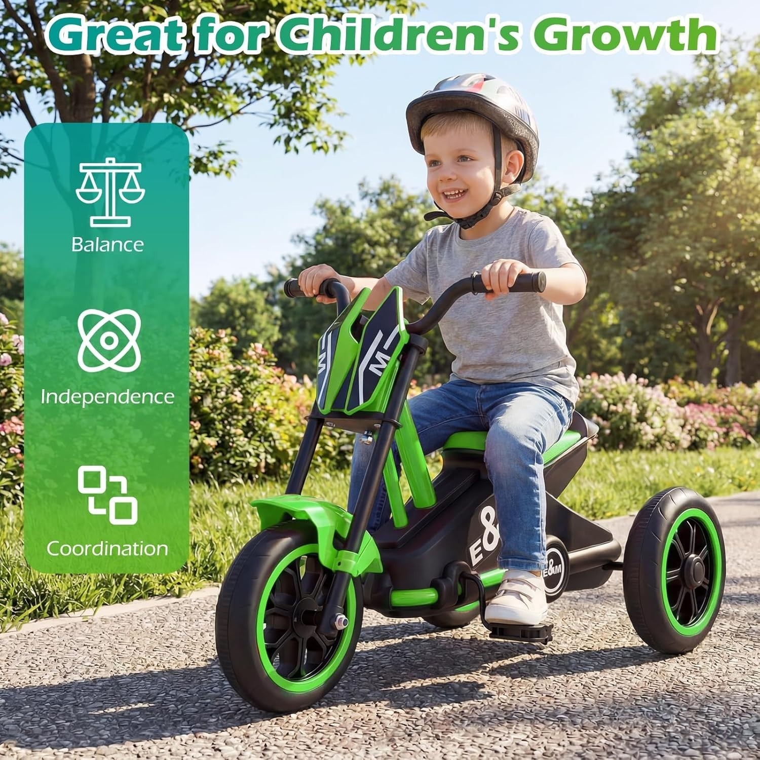 Kids Tricycle 3 Wheel Balance Bike Anti Slip Pedals Green Age 3+