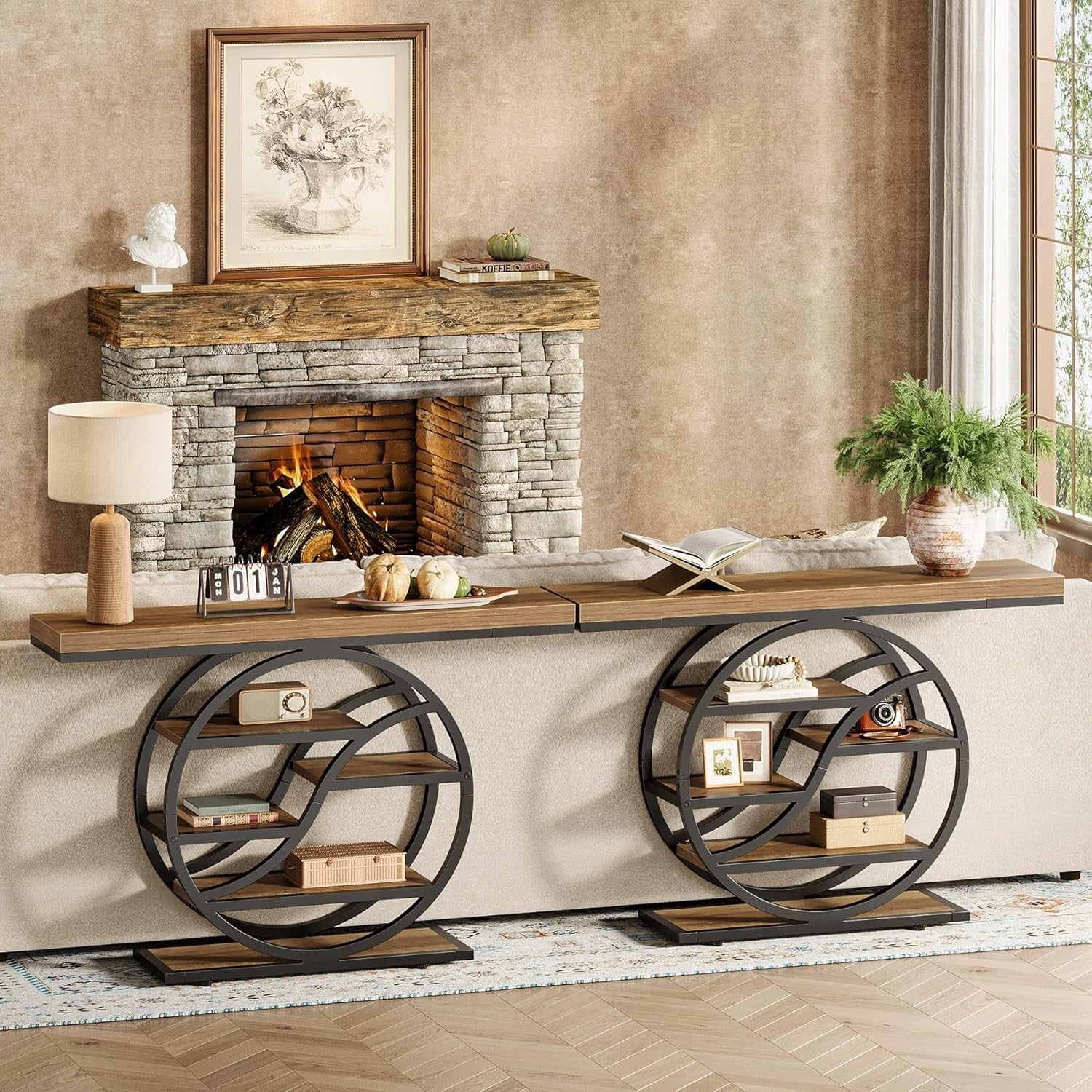 Industrial Console Table with Circle Base, 5-Tier Shelf, Narrow Entryway Decor