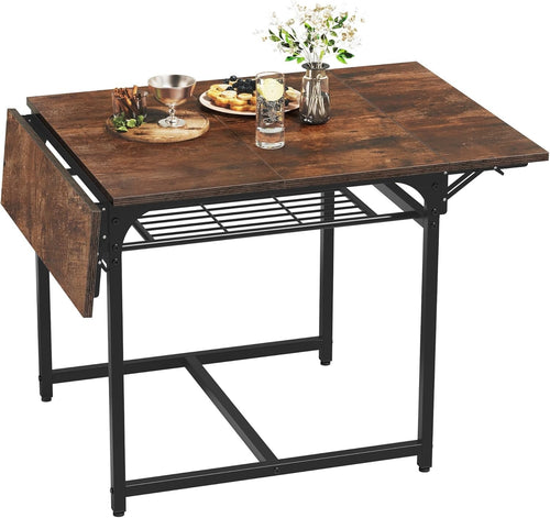 Rustic Brown Folding Dining Table Drop Leaf with Storage 120cm