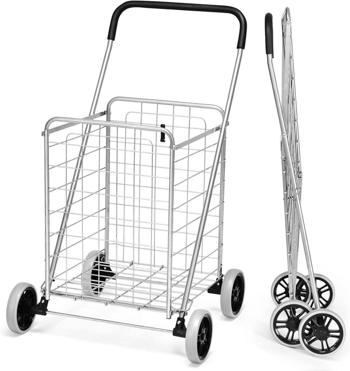 83L Folding Shopping Cart Metal Grocery Trolley Wheels Non-Slip Handle Silver