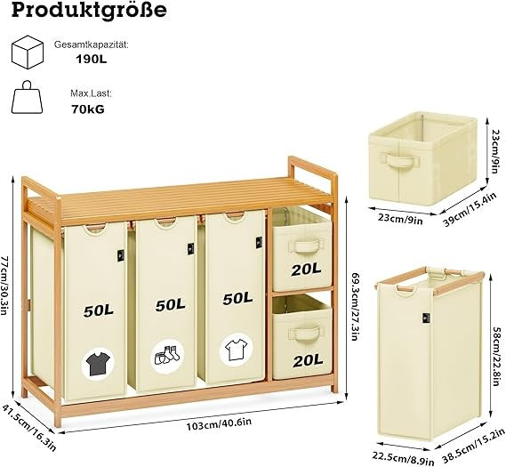 190L Bamboo Laundry Sorter with 3 Hampers & 2 Drawers | Beige 5-Compartment Unit