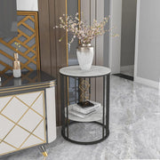 Marble Top Round Side Table 2 Tier Black Metal Legs Small End Table 40x54cm