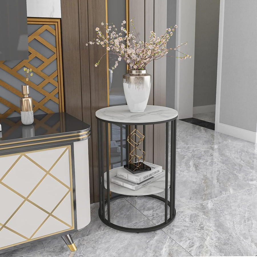 Marble Top Round Side Table 2 Tier Black Metal Legs Small End Table 40x54cm