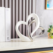 White Silver Double Heart Ceramic Ornament Modern Romantic Home Decor Sculpture