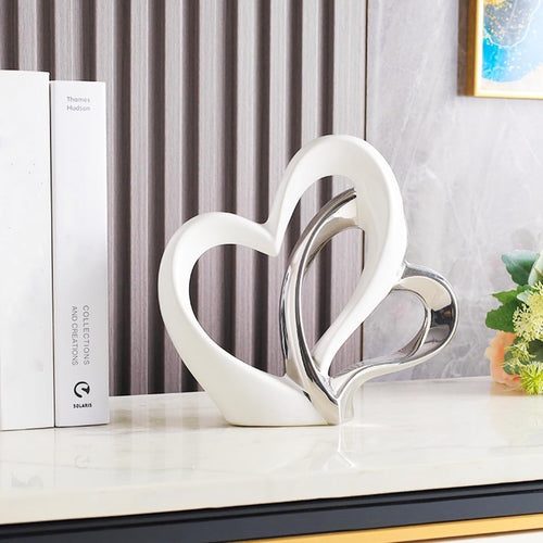White Silver Double Heart Ceramic Ornament Modern Romantic Home Decor Sculpture