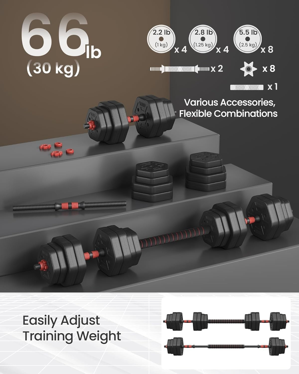 30kg Adjustable Dumbbell Barbell Set Hex Weights Home Gym Training