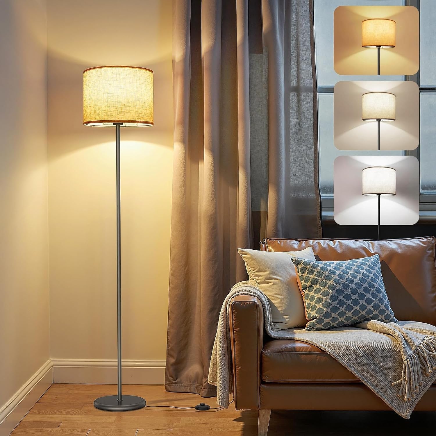 LED Floor Lamp 62in Tall Beige Shade 3 Color Dimmable Standing Light Bulb