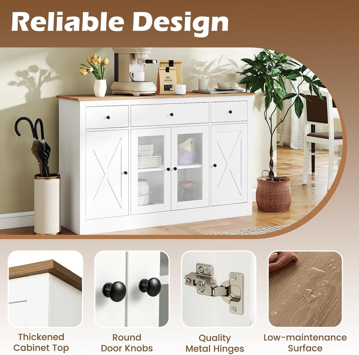 140cm White Buffet Sideboard Cabinet 3 Drawers 2 Glass Doors Adjustable Shelves