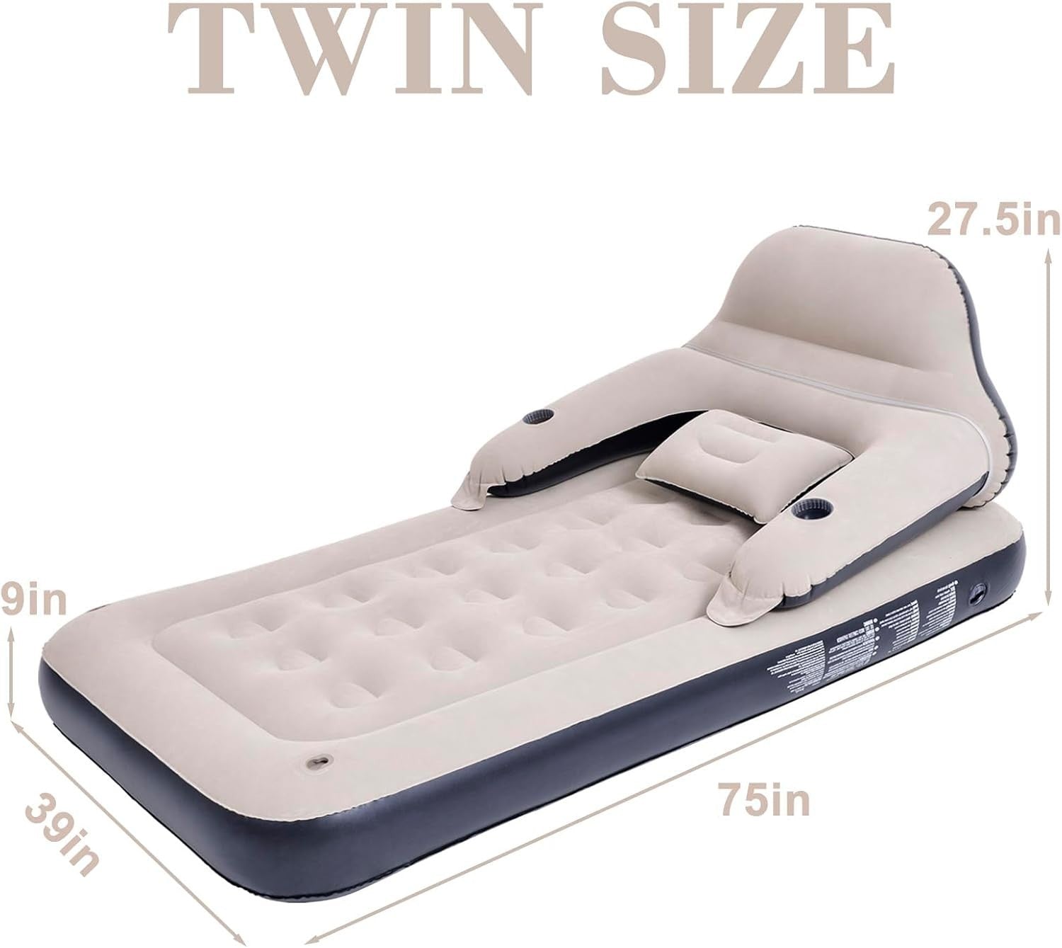 Twin Inflatable Air Mattress Sofa Bed with Headrest, Pillow & Cup Holders