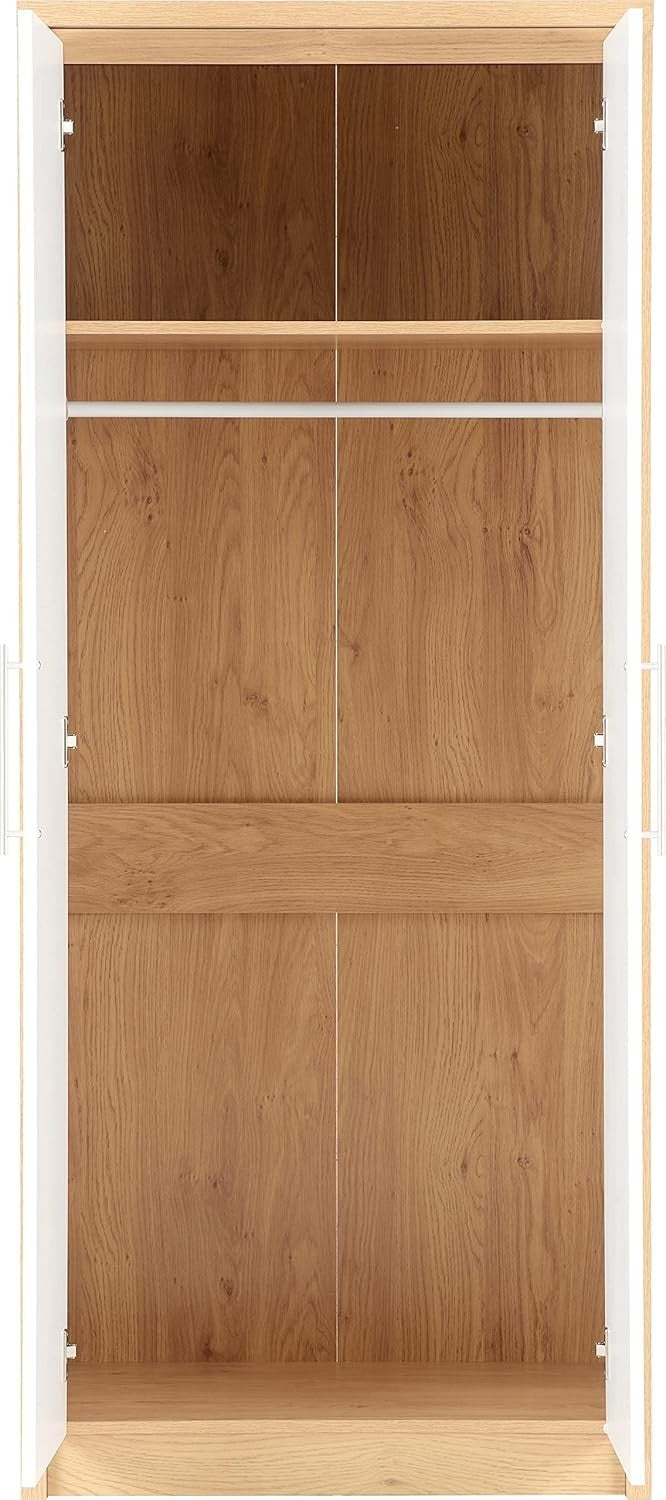 White Gloss & Light Oak 2 Door Wardrobe with Sliding Doors & Spacious Storage
