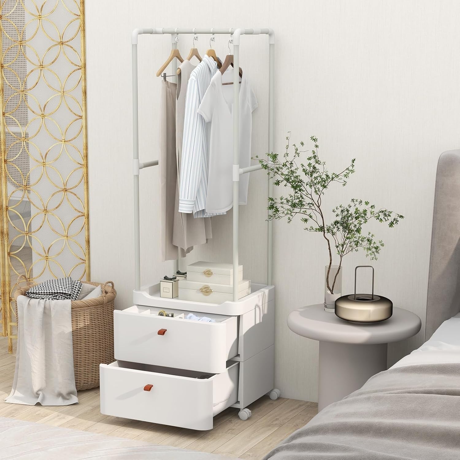 White Clothes Rail with Wheels Drawers & Hooks 160cm