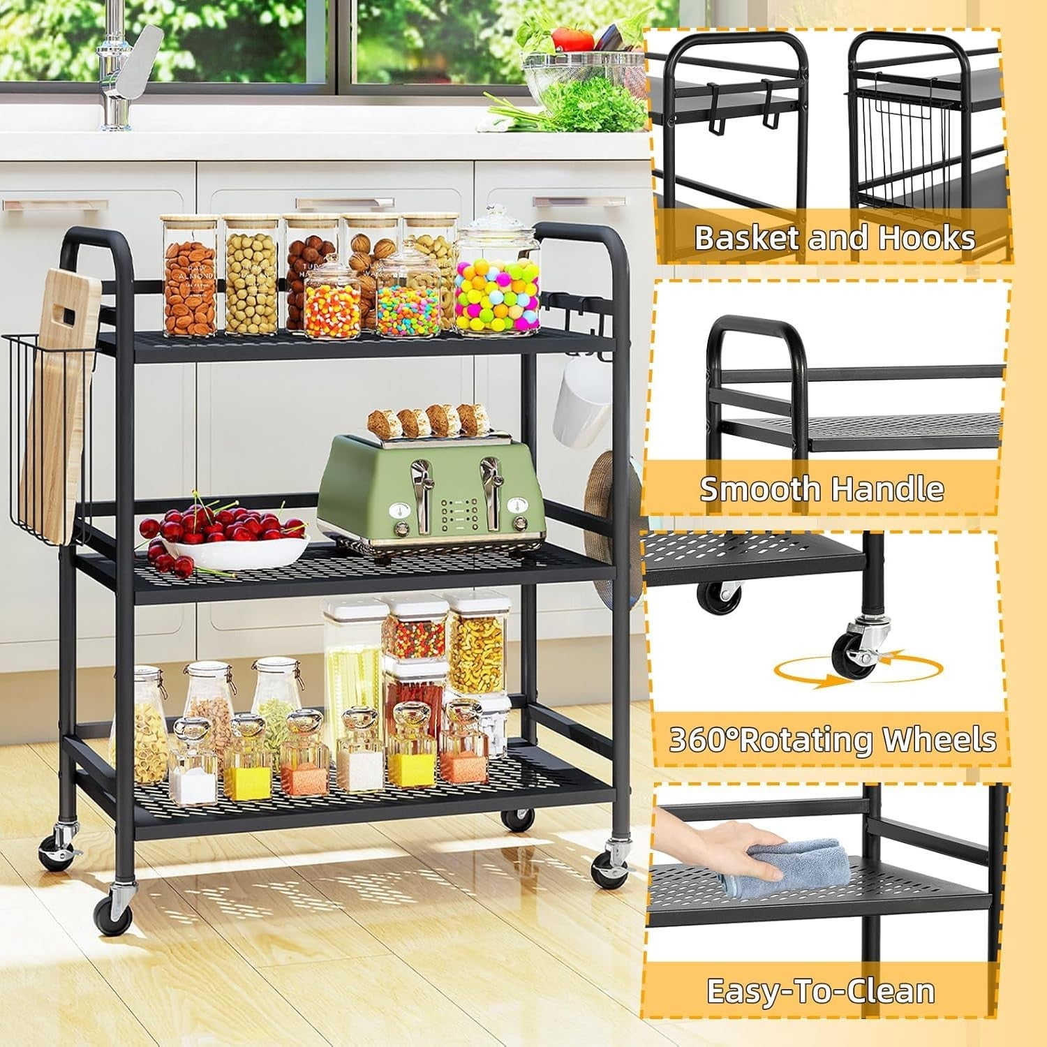 3 Tier Metal Mesh Rolling Utility Cart Heavy Duty Storage Trolley Black