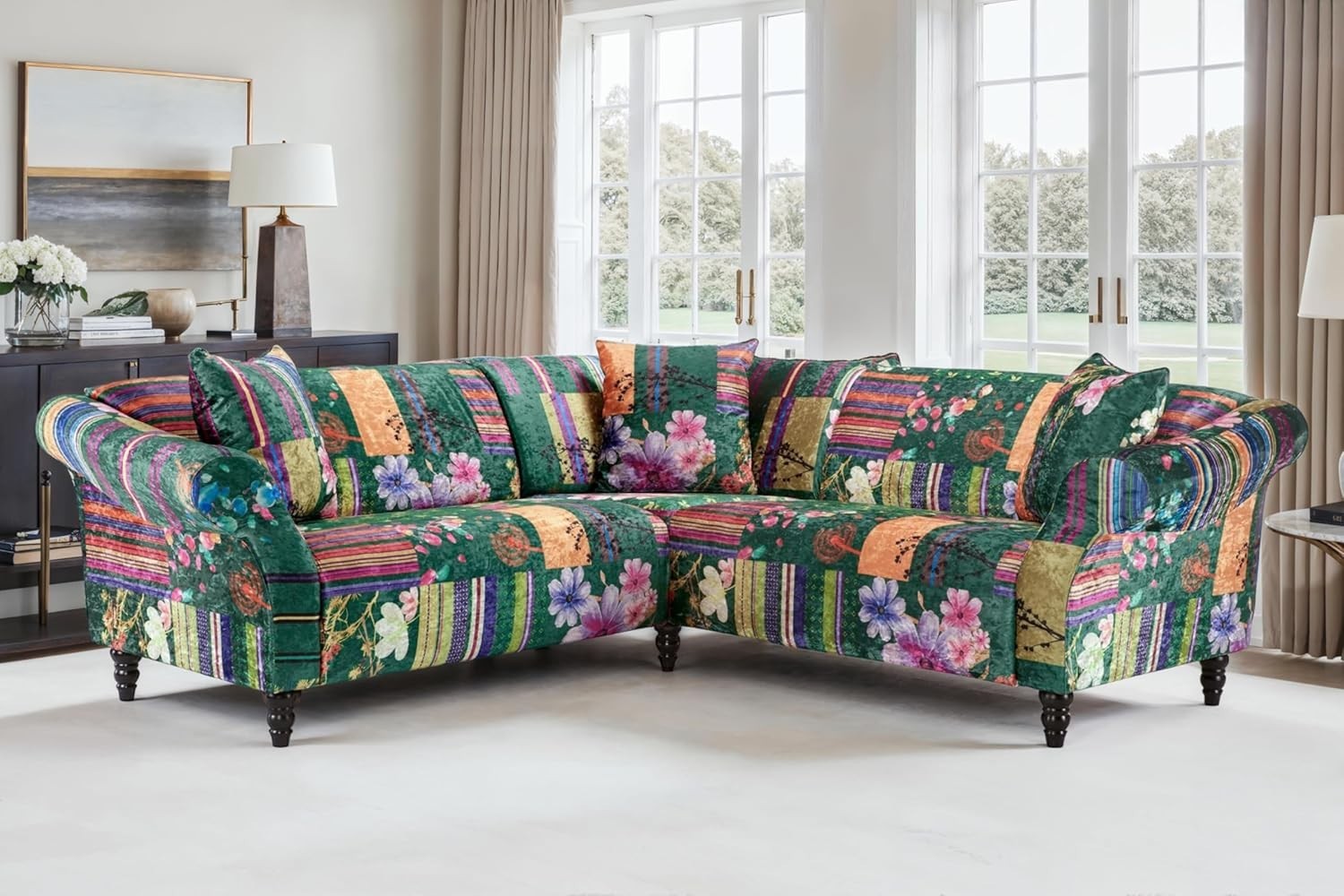 Vibrant Patchwork 5-Seater Corner Sofa with Crushed Velvet & Solid Wood Frame