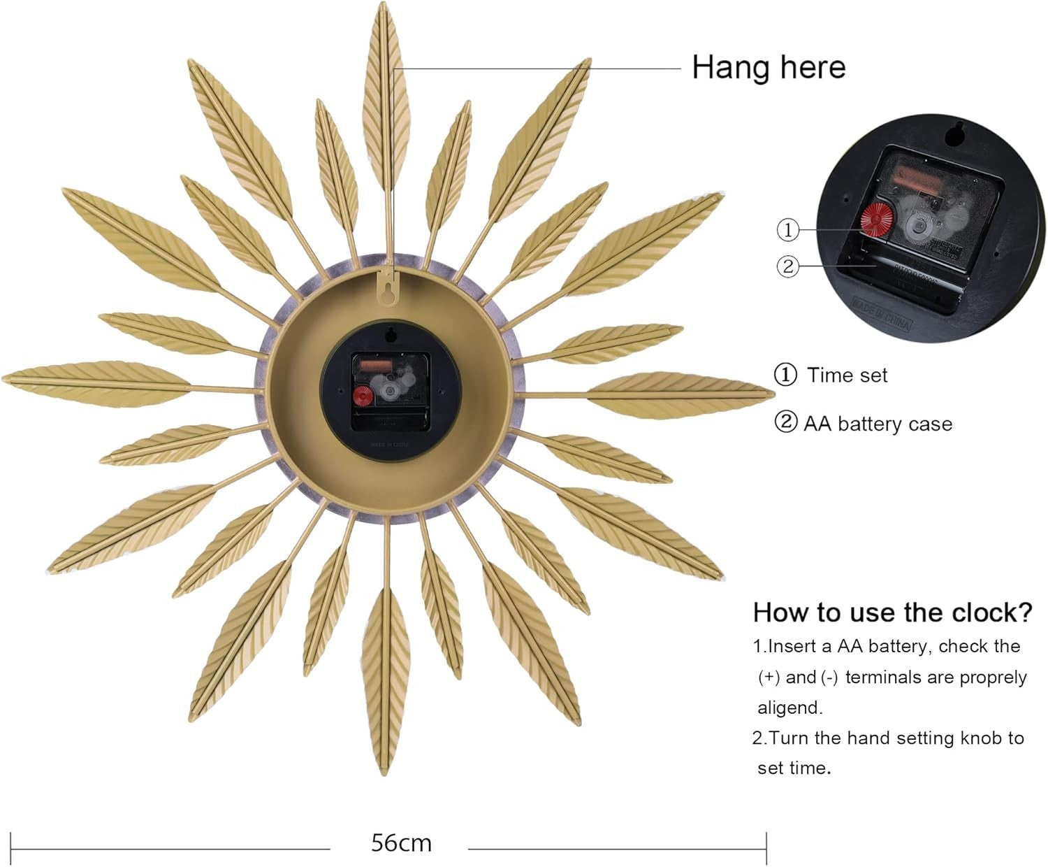 56cm Large Sunburst Wall Clock Blue Gold Metal Modern Silent Decorative Art