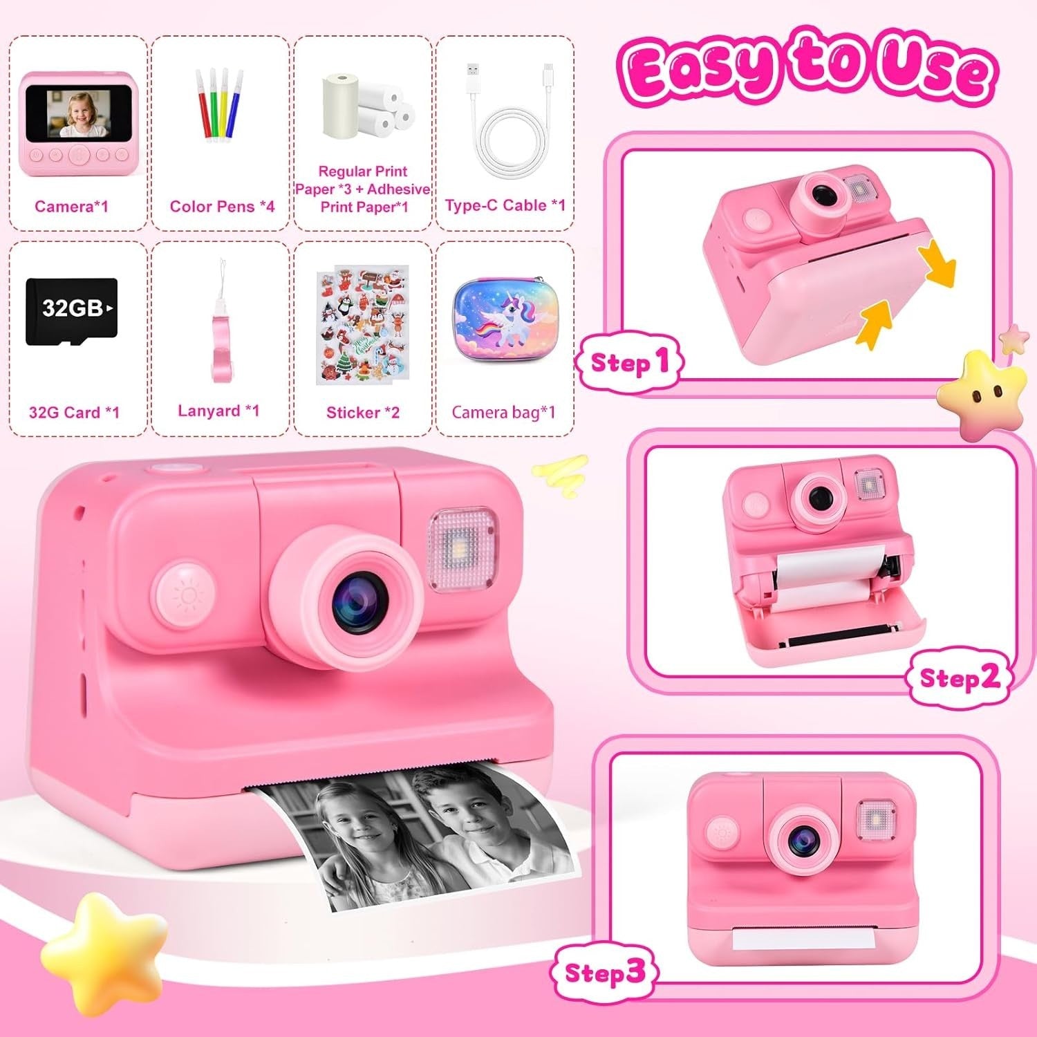 Kids Instant Print Camera 30MP 32GB Card 4 Paper Rolls Pink Bag