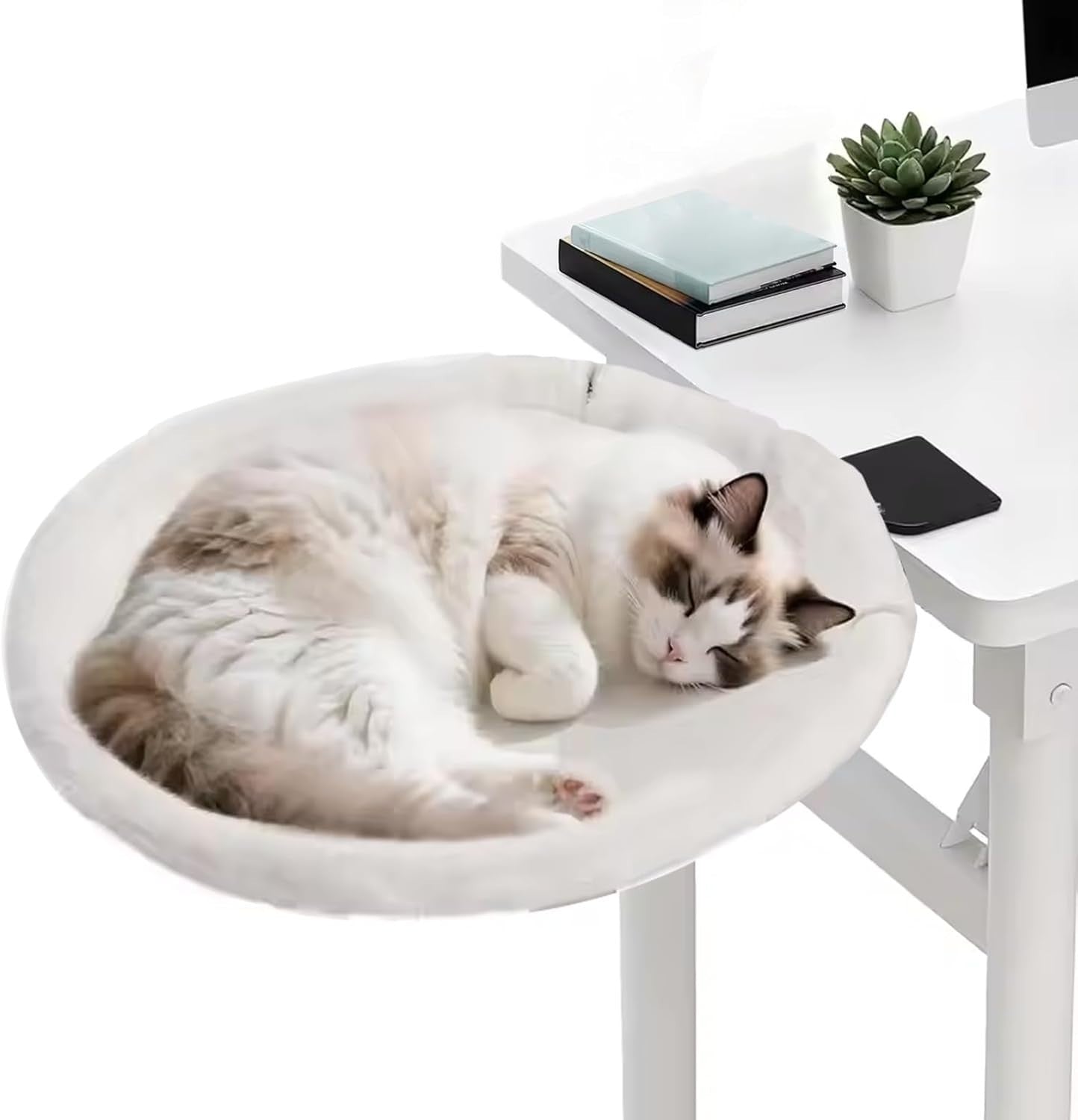 180° Rotating Cat Desk Bed Faux Fur Clamp On Cat Hammock White