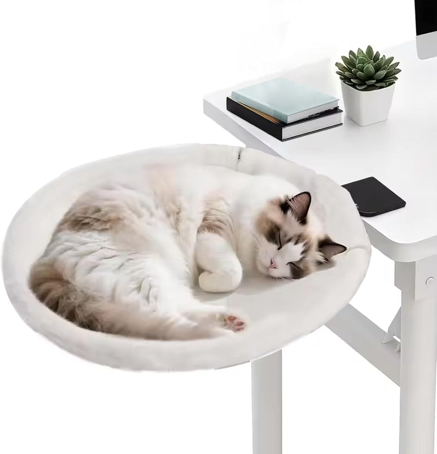 180° Rotating Cat Desk Bed Faux Fur Clamp On Cat Hammock White