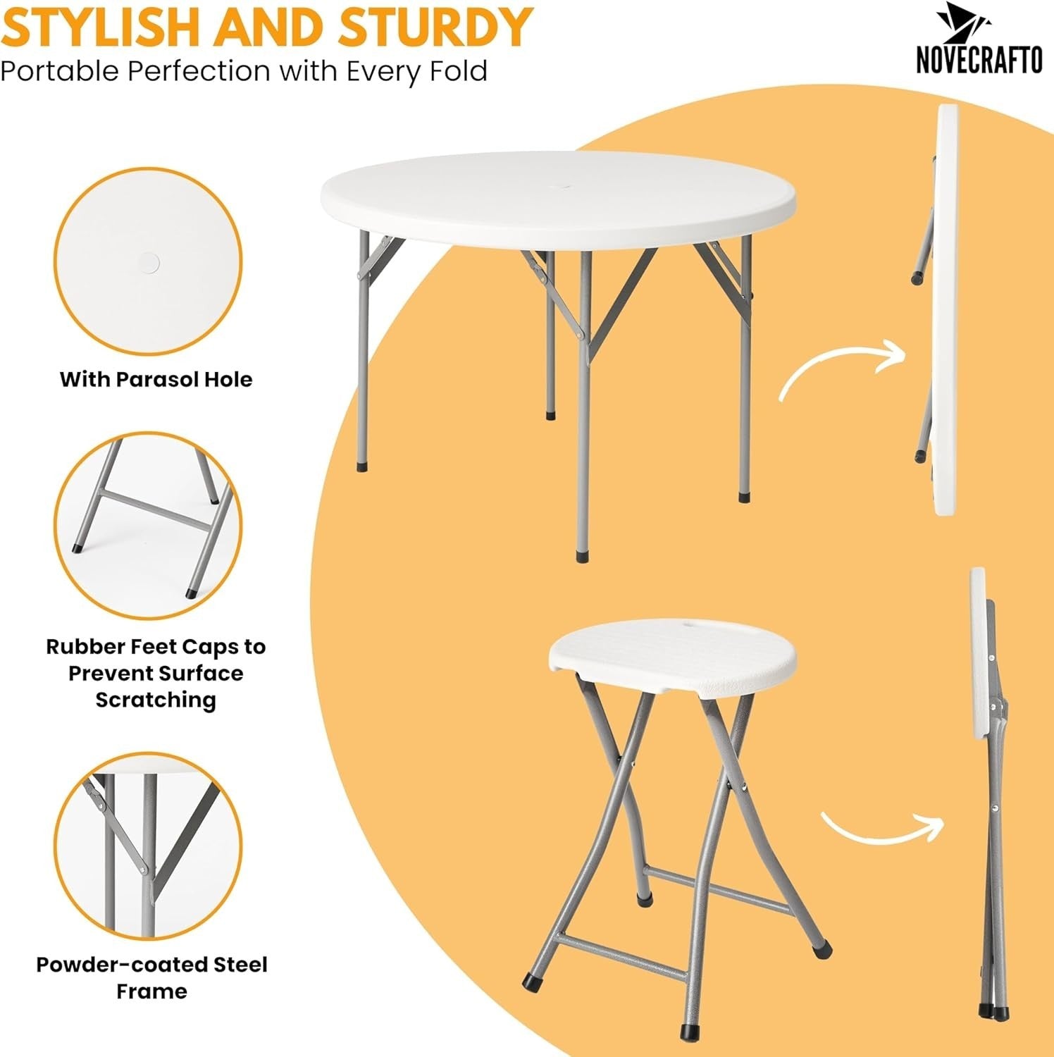Round Folding Table & 4 Stools Set Outdoor Kitchen BBQ Garden Camping
