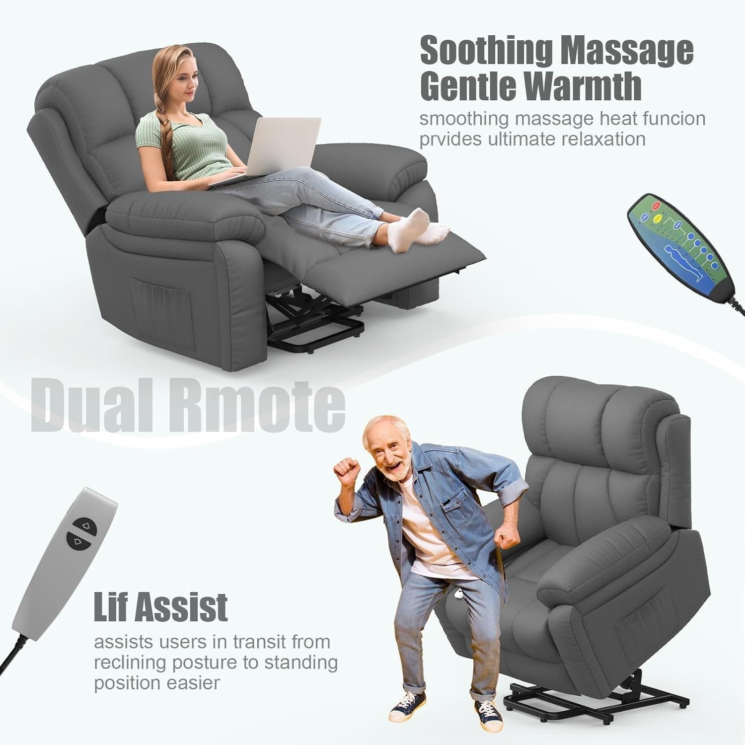 Power Lift Recliner Chair Oversized Massage Heat USB Type-C Footrest Grey