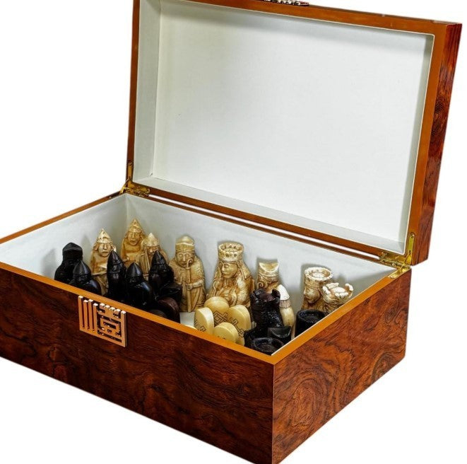 Luxury Isle of Lewis Ivory & Teak Chess Pieces in Burlwood Display Box