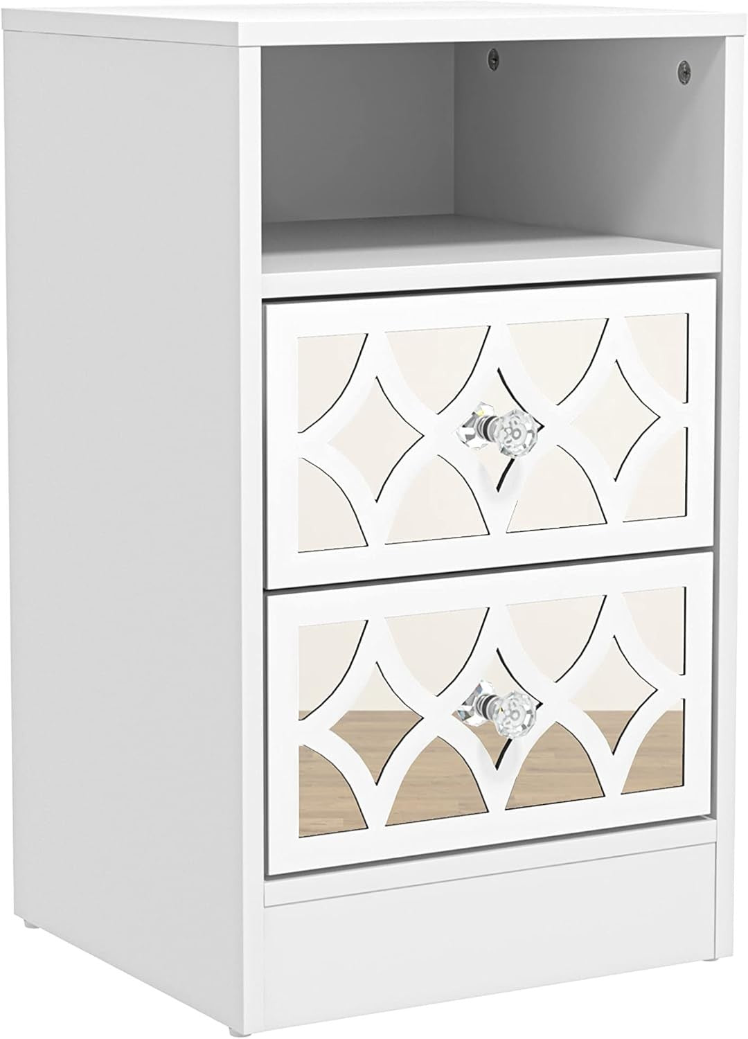 White Bedside Table with Mirror Drawers, Modern 2 Drawer Nightstand for Bedroom