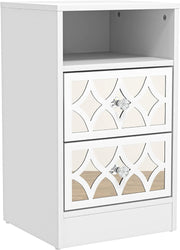 White Bedside Table with Mirror Drawers, Modern 2 Drawer Nightstand for Bedroom