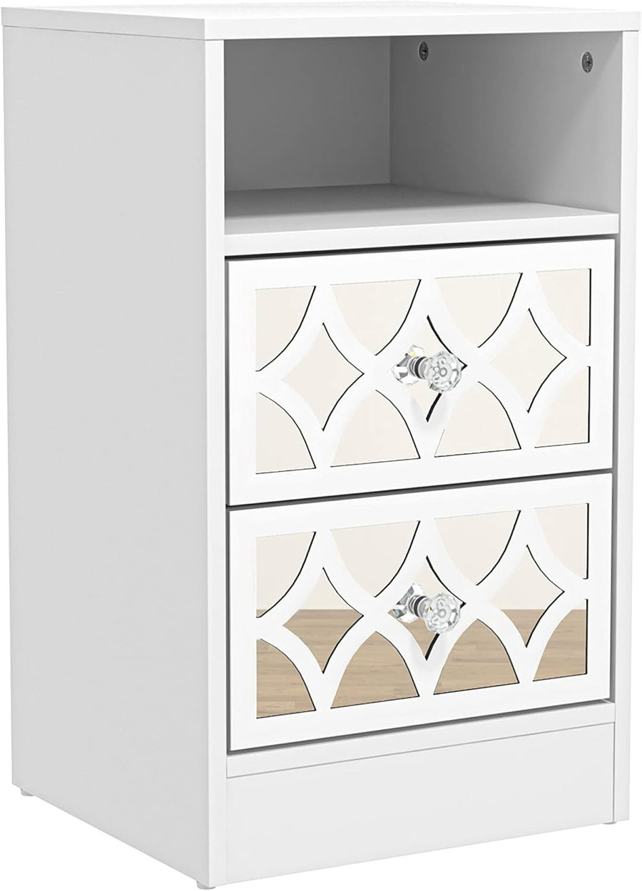 White Bedside Table with Mirror Drawers, Modern 2 Drawer Nightstand for Bedroom