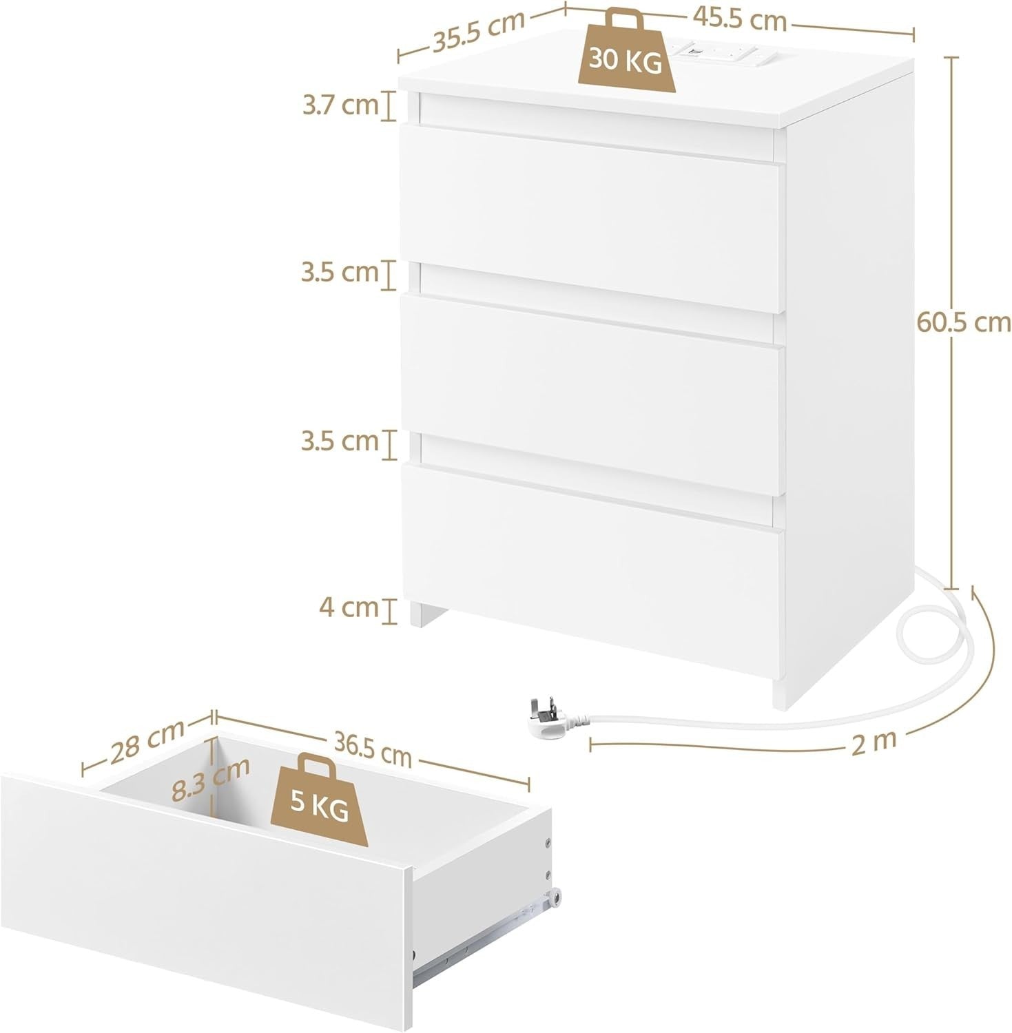 Set of 2 Modern Bedside Tables with USB Charging Ports | 3 Drawer