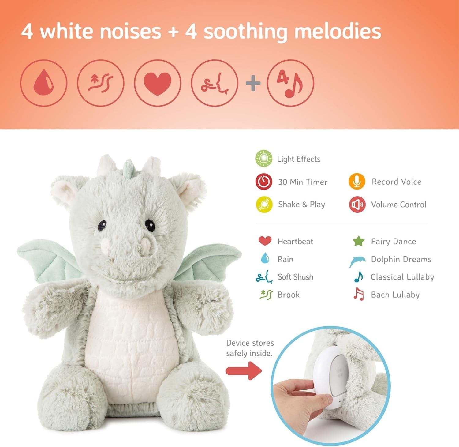 Drake the Dragon Plush Night Light White Noise Baby Sleep Aid