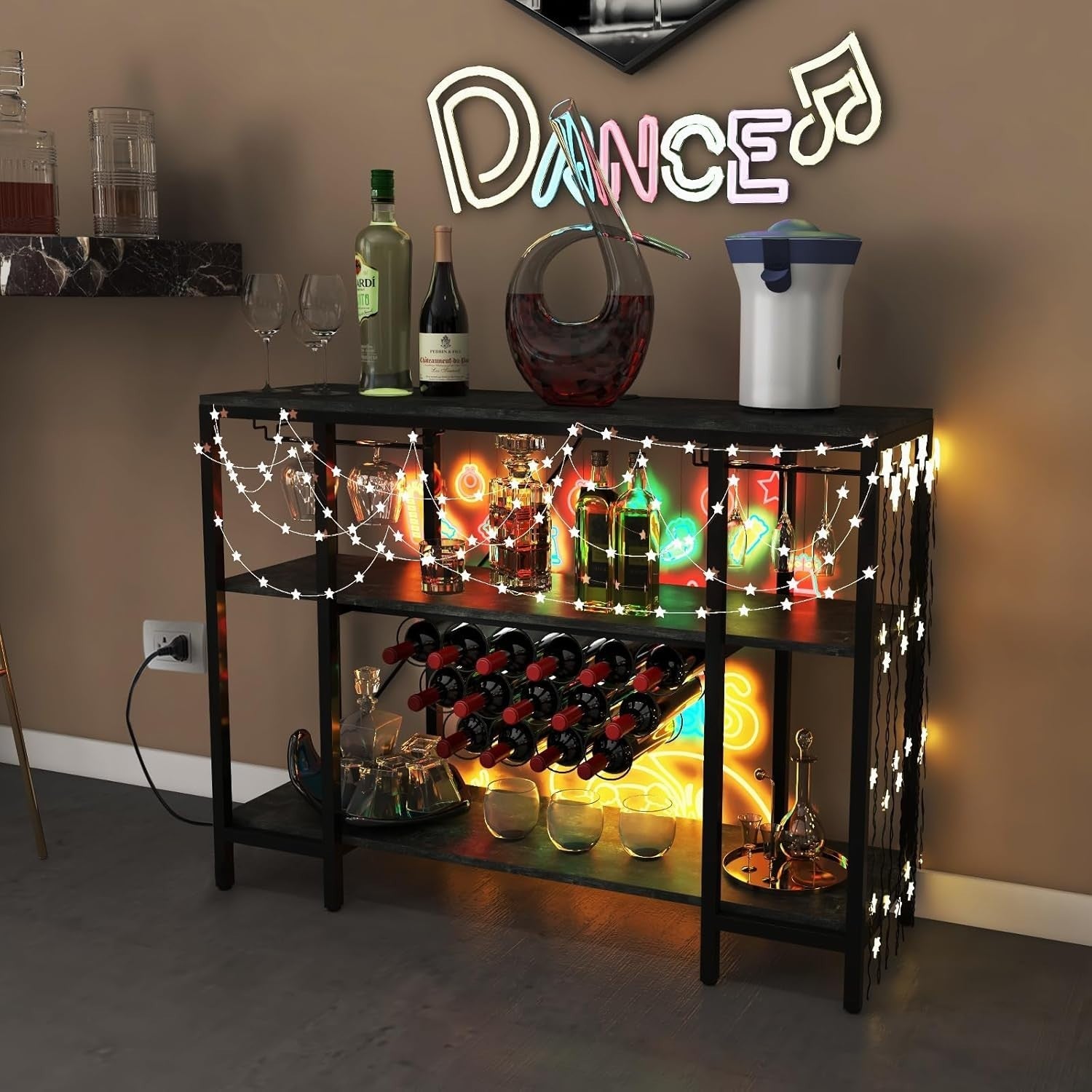 Wine Bar Cabinet with Tabletop, 15 Bottle Rack, Shelves & Charging Ports – Grey