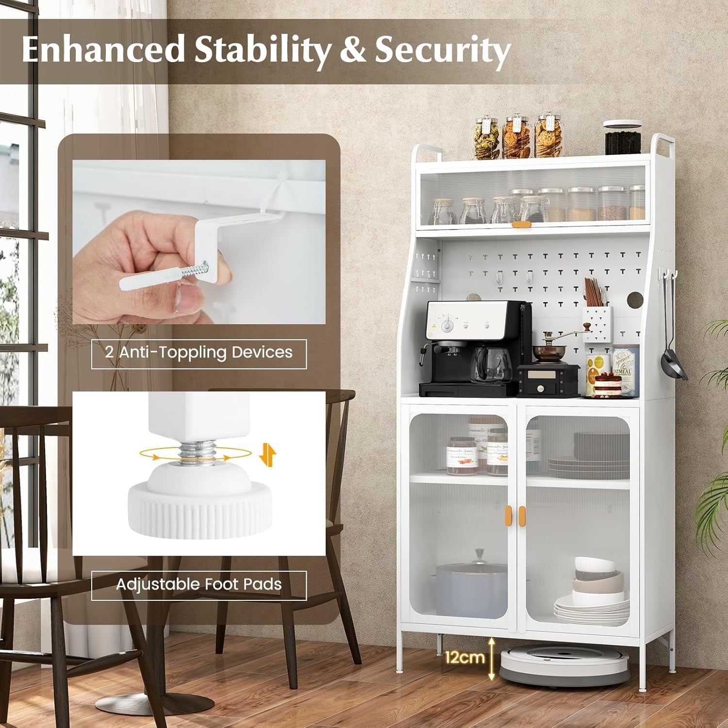 White Kitchen Pantry Cupboard with Flip Door, Pegboard & Adjustable Shelf