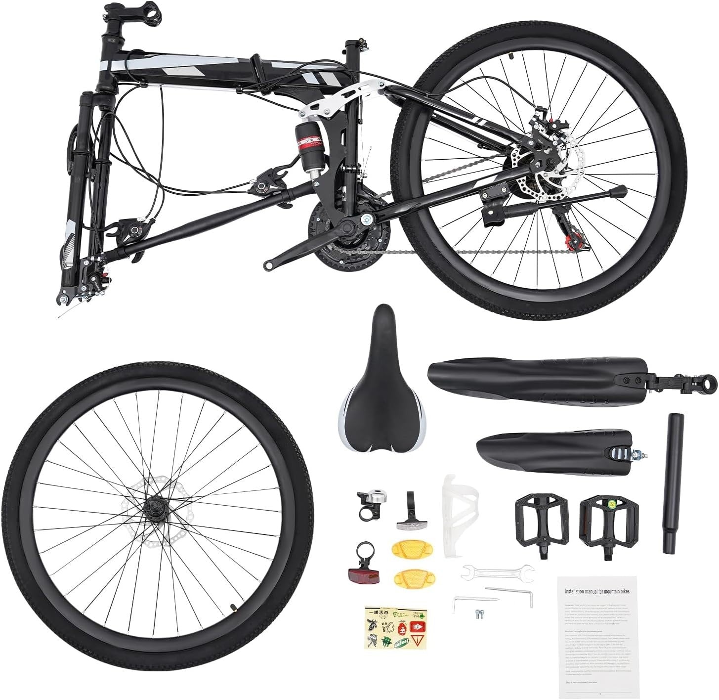 26" Folding Mountain Bike 21-Speed Dual Disc Brakes Full Suspension MTB