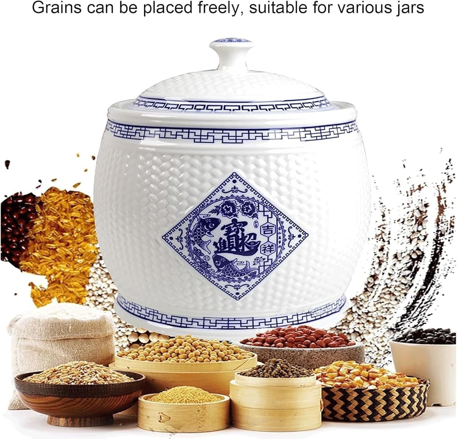 5KG Ceramic Rice Storage Jar with Lid Traditional Grain Container