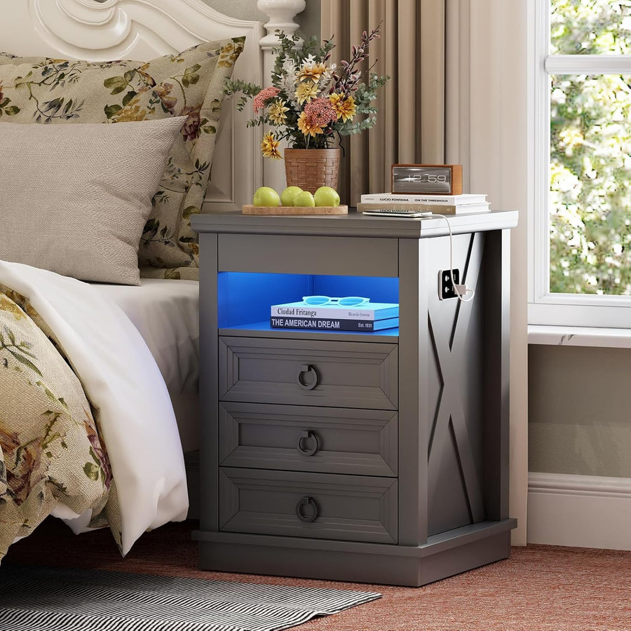 Grey Smart Bedside Table with Wireless Charging, LED Lights & 4 Drawer Storage