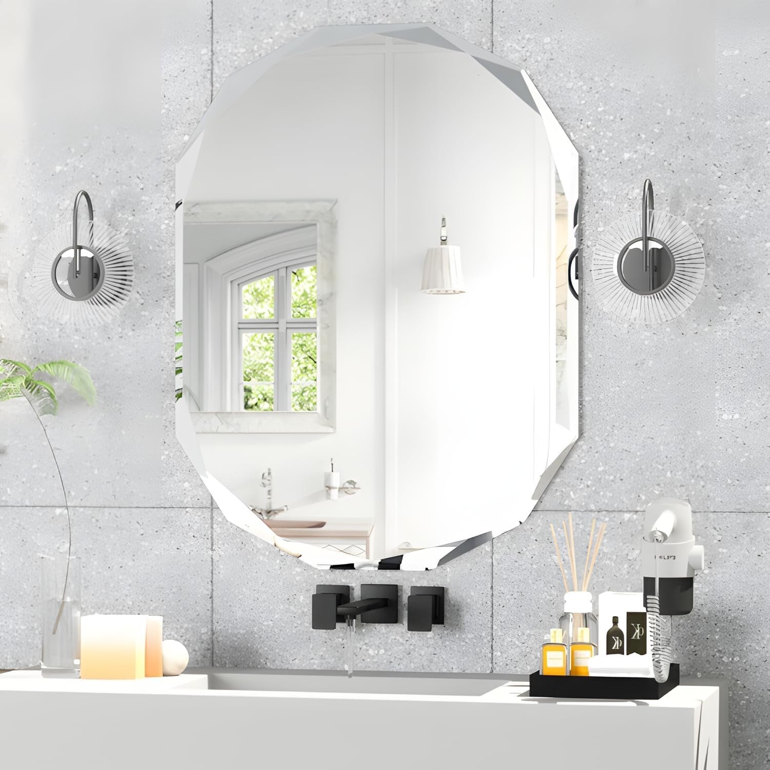 Oval Frameless Bathroom Wall Mirror 76x91 cm Beveled Edge Vanity