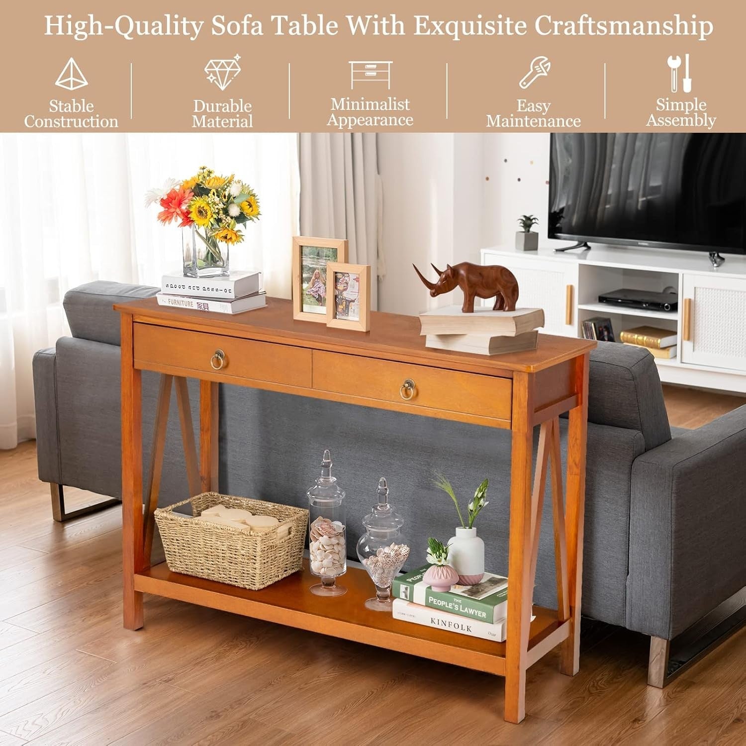 Wood Console Table with Drawer & Shelf, Slim Entryway Accent Table 78cm