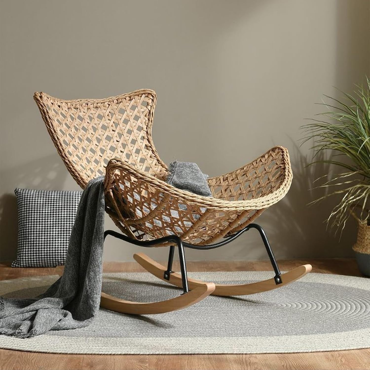 Oversized Brown Rattan Rocking Chair with Plush Leather Upholstery & Sturdy Fram