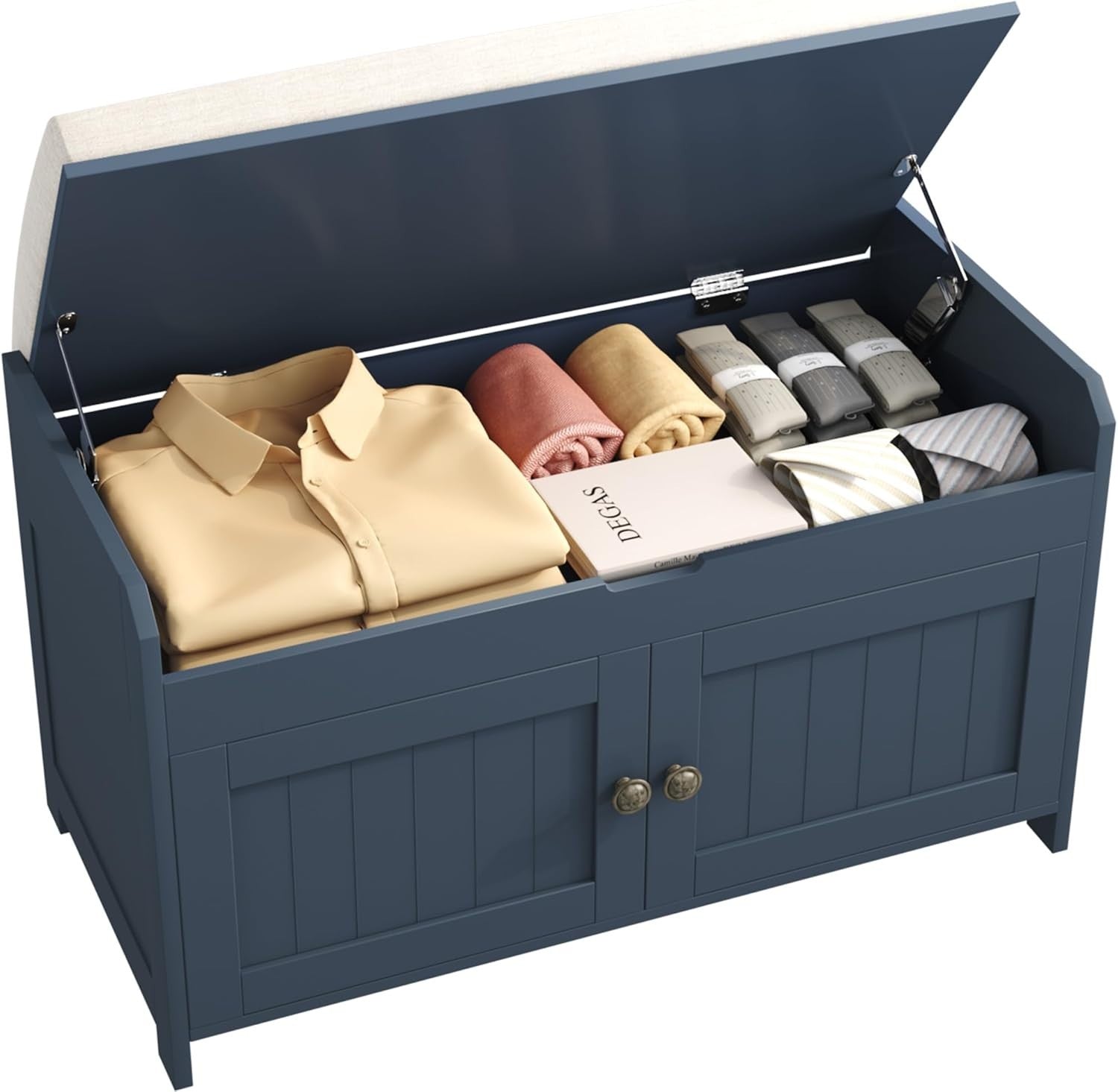 Blue Upholstered Shoe Storage Bench with Cushion Seat Cabinet Entryway 100x36x45