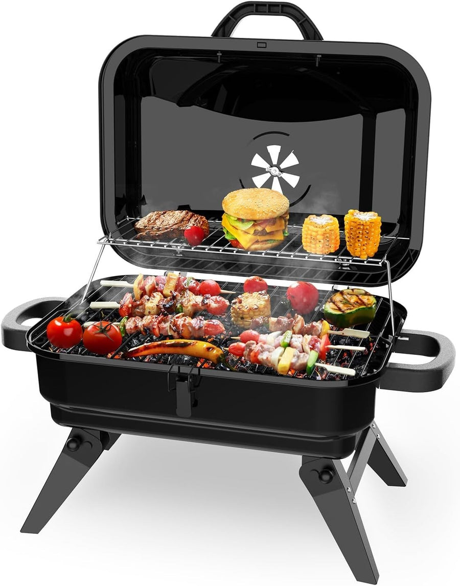 Portable Charcoal BBQ Grill with Warming Rack, Folding Legs, Vent Control