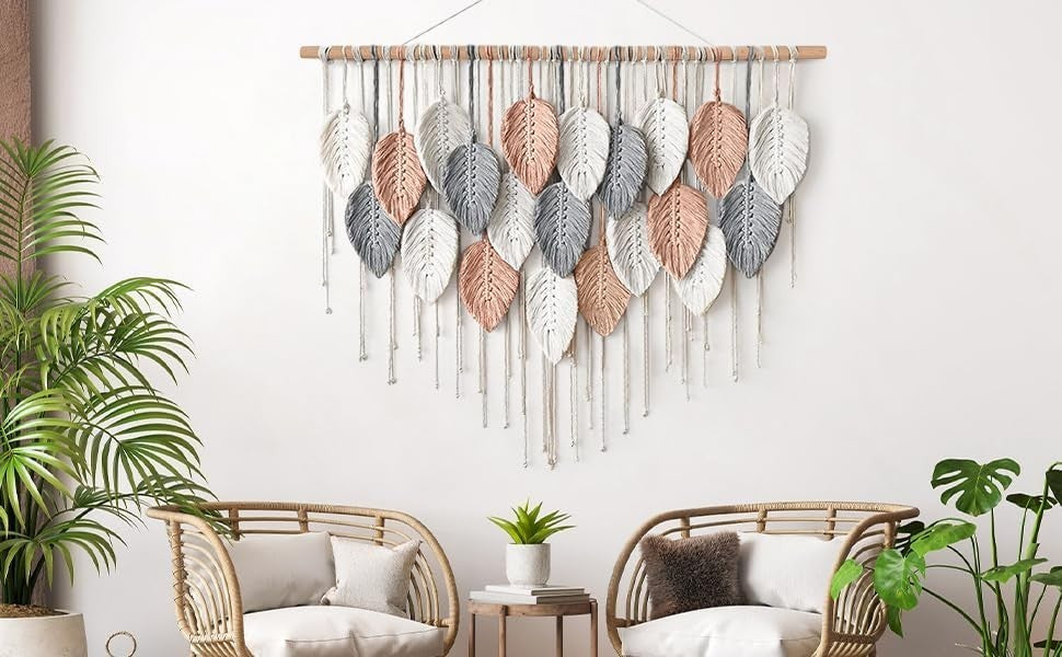 Pink Large Leaf Macrame Wall Hanging 39"x29.5" Boho Decor