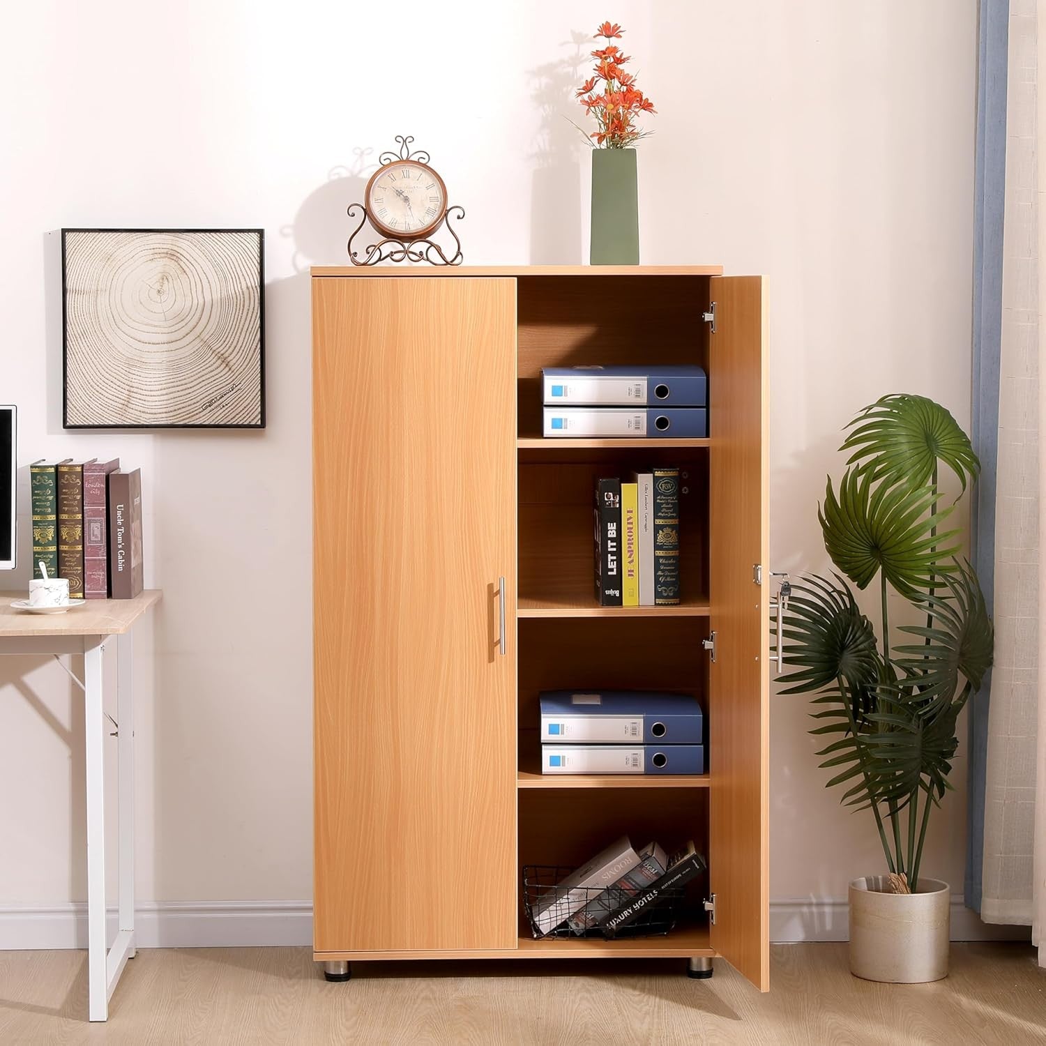 Beech Office Storage Cabinet Lockable 2 Door Cupboard Adjustable Shelves