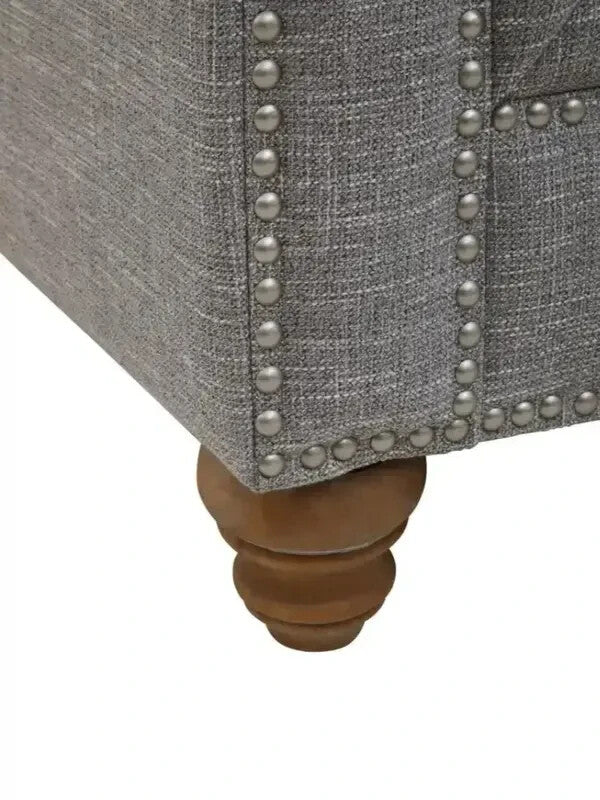 Grey Linen 3 Seater Chesterfield Sofa w/ Scroll Arms & Wooden Legs