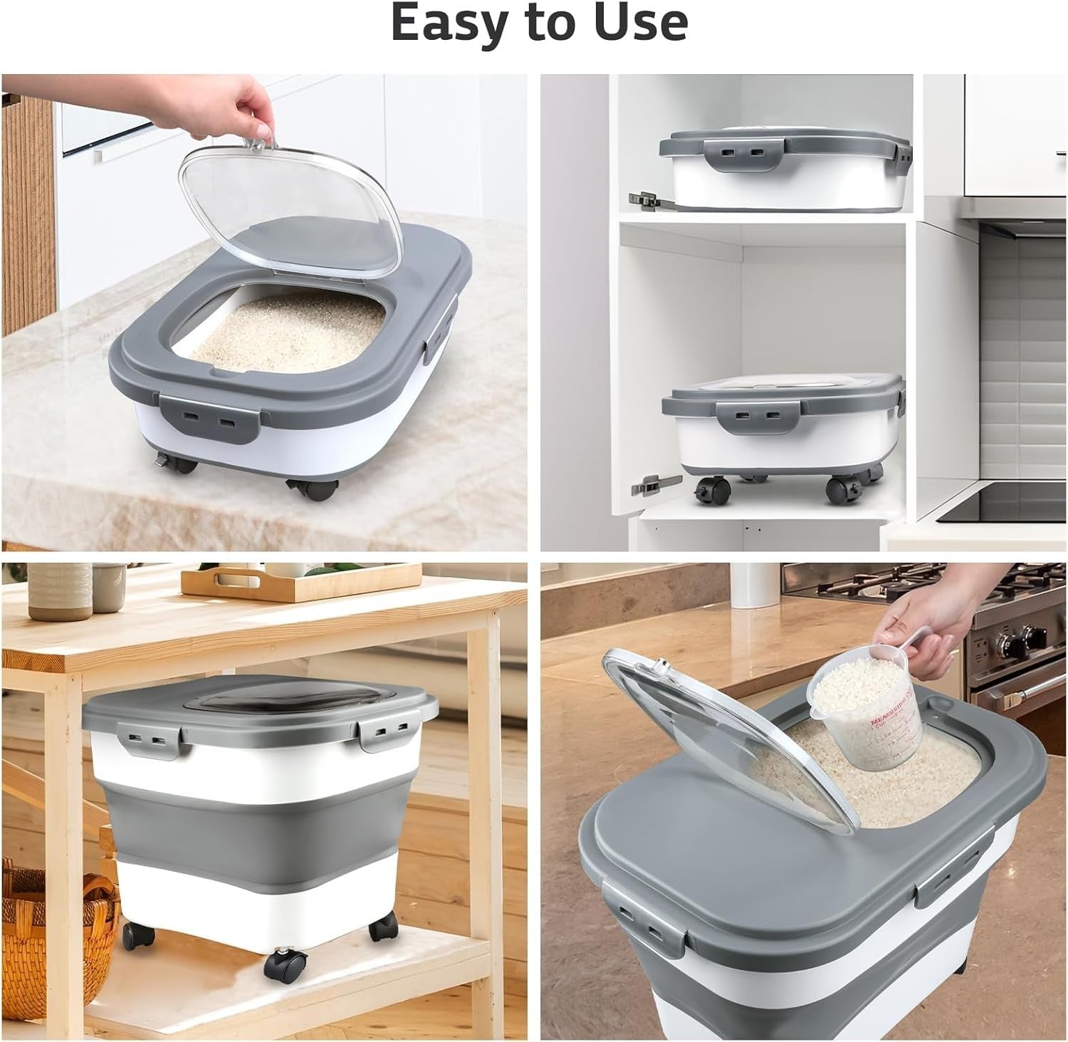 Collapsible Rice Storage Bin 10-30LBS Airtight Food Container Wheels