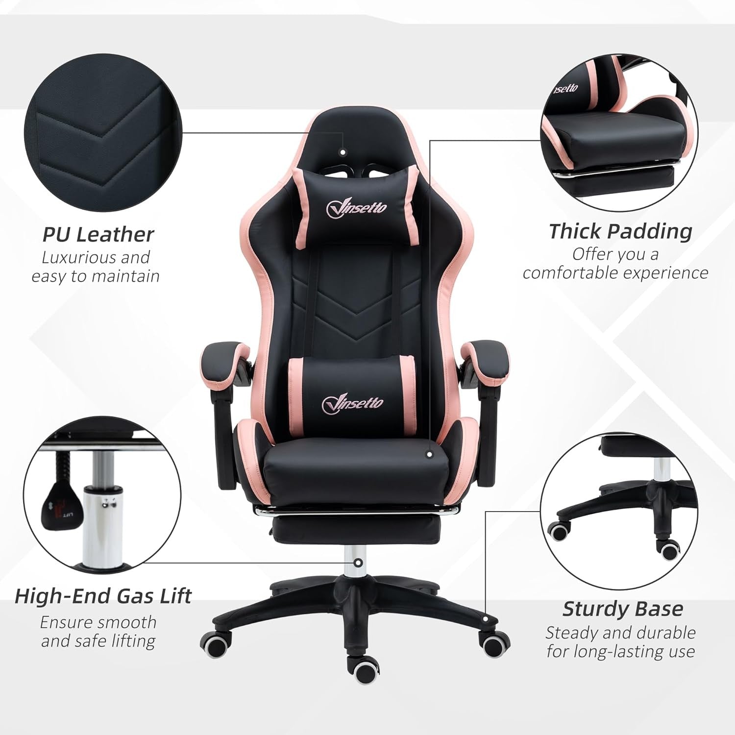 Gaming Chair PU Leather Recliner w/ Footrest 135° Swivel Black Pink