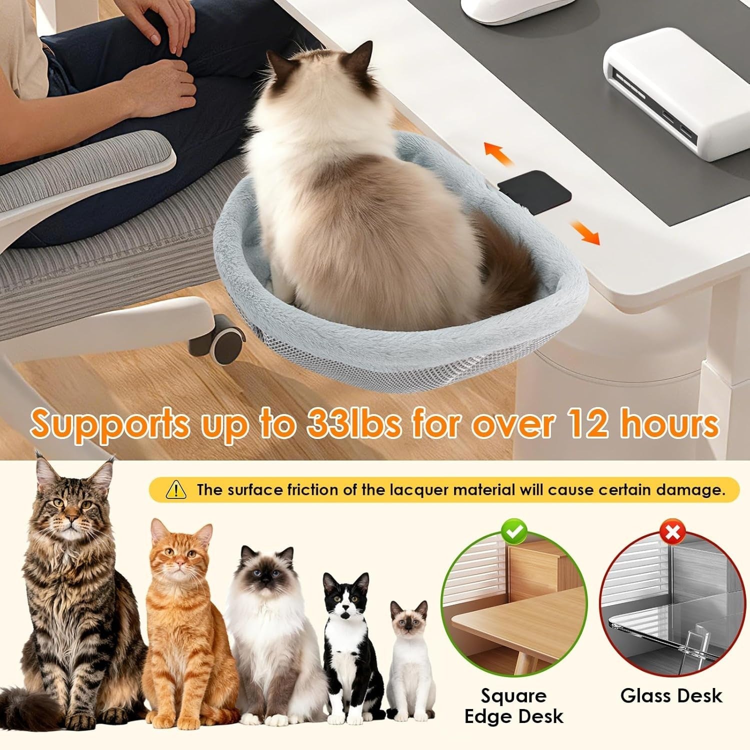Adjustable Cat Desk Bed Faux Fur Clamp On Kitty Hammock Light Gray